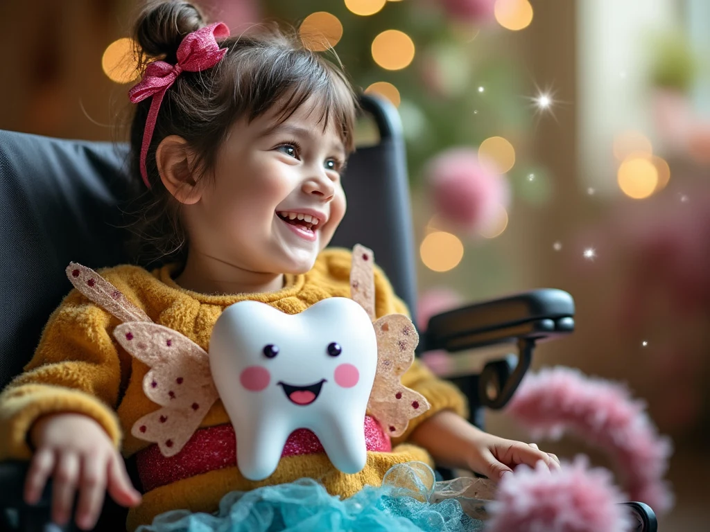 Happy girl with special needs in wheelchair, holding a smiling tooth-shaped pillow