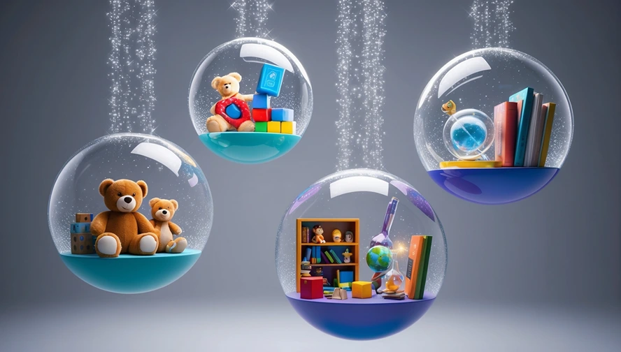 Magic snow globes showing different developmental stages with toys, books, and learning materials for ages 4-10