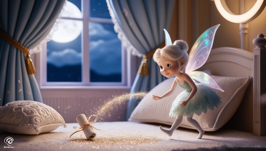 Traditional tooth fairy sprinkling magic dust while delivering personalized tooth fairy letter beside moonlit window