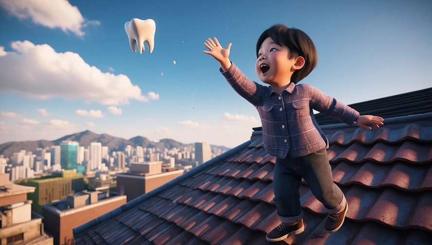 Young boy joyfully throwing tooth towards sky in traditional Japanese tooth loss ceremony with cityscape background