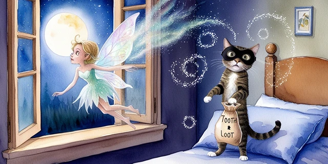 A whimsical watercolor painting depicting a cat burglar holding a bag labeled 'Tooth Loot' while a surprised tooth fairy looks on through a moonlit window.