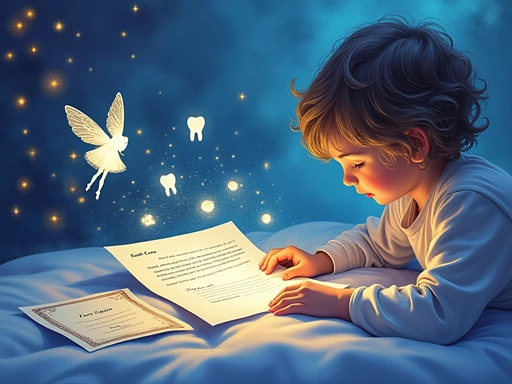 Young child reading a personalized tooth fairy letter at bedtime with magical fairy and floating teeth - magical moments created by Tooth Fairy Letter Bot