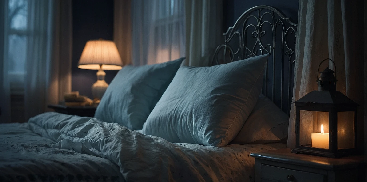 A dimly lit, cozy bedroom scene with a soft, inviting bed and a glowing lantern, creating a peaceful nighttime ambiance.