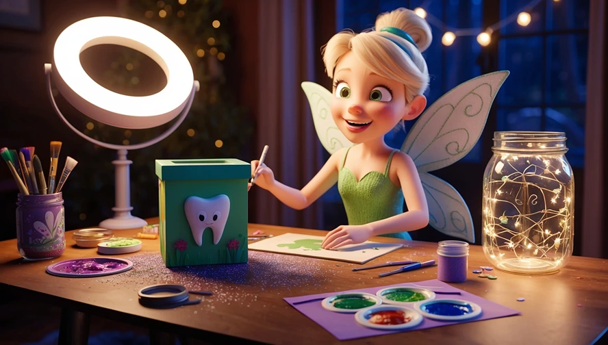 Tooth fairy crafting a personalized tooth storage box at desk with mason jar, paint supplies, and magical lighting for DIY storage ideas