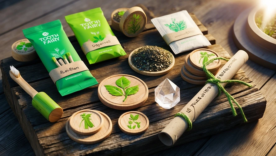 Sustainable Tooth Fairy gift collection featuring bamboo toothbrush, wooden coins, and eco-friendly packaging