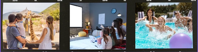 Collage of family activities: enjoying a day at the zoo with a giraffe, watching a movie at home with children, and kids playing in a swimming pool