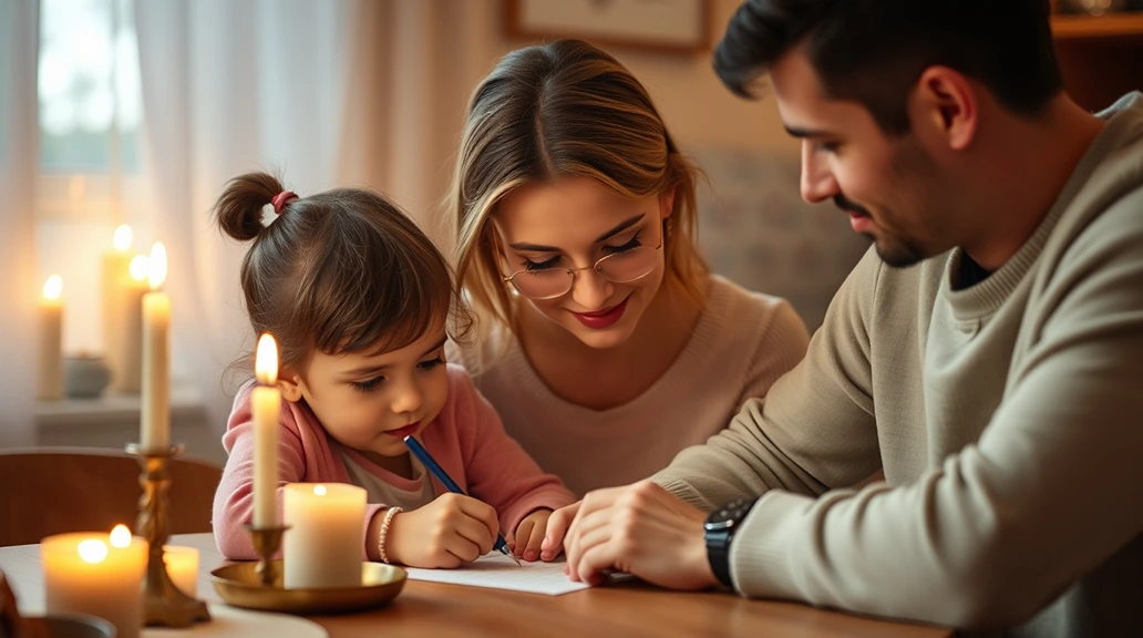 A family gathers around a softly lit table, guiding their child in writing a heartfelt Tooth Fairy letter, illuminated by candlelight.