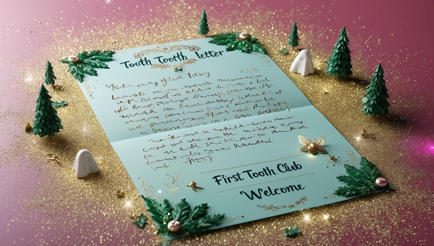 Magical tooth fairy letter on mint paper surrounded by pine leaves and golden glitter