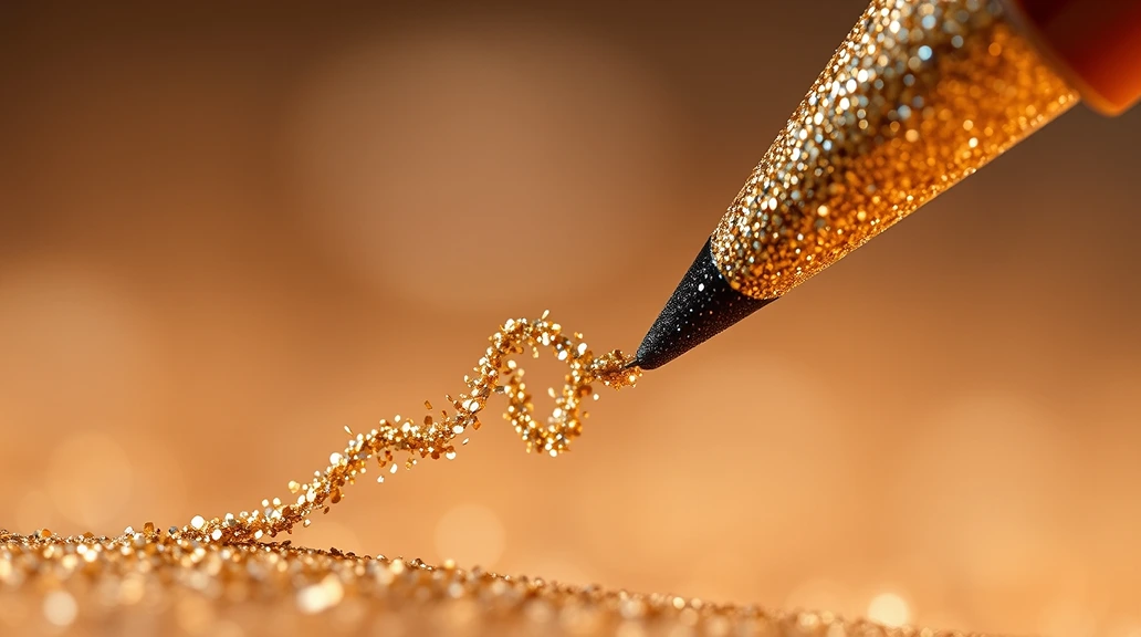 Close-up of a glitter pen tip creating a flourish, with sparkling particles reflecting light, symbolizing the magic of Tooth Fairy letters.