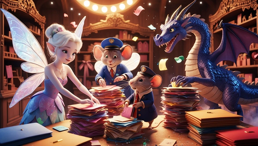 Tooth Fairy, Ratoncito Perez mice, and Asian dragon working together sorting magical letters for children worldwide at Tooth Fairy Letter Bot