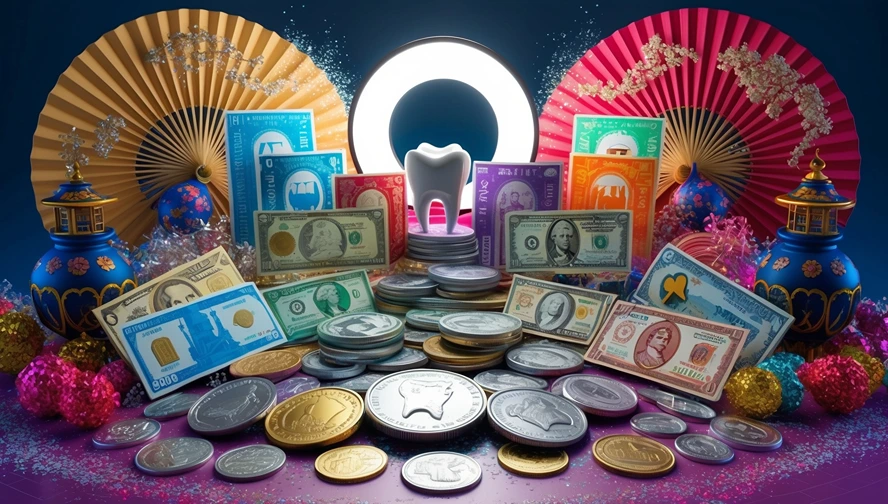Worldwide tooth fairy payment display featuring international currencies, coins, and tooth-themed decorations under glowing tooth
