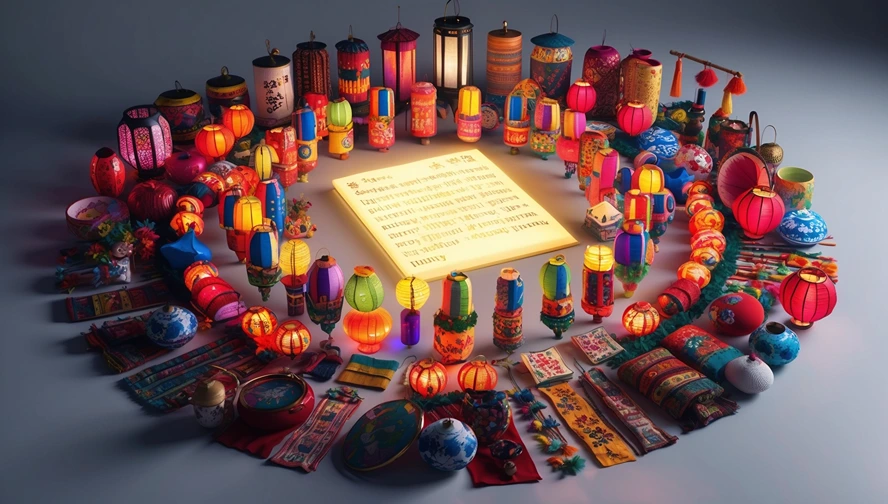 Diverse collection of cultural lanterns surrounding glowing tooth fairy letter representing worldwide traditions