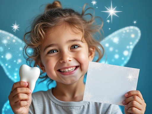 Excited child holding lost tooth and personalized tooth fairy letter, complete with magical fairy wing effect