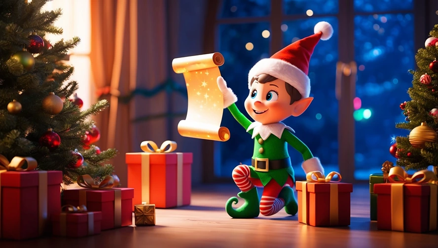 Holiday elf holding a glowing scroll near a Christmas tree and presents, capturing the magic of The Magic Letter Box during the holiday season.