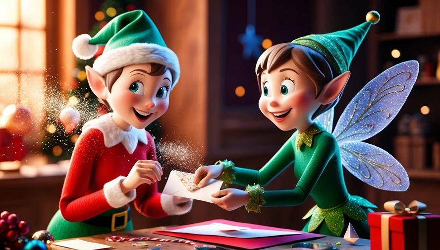 Holiday elf and Tooth Fairy working together to prepare personalized holiday letters with festive decorations in the background, emphasizing The Magic Letter Box.