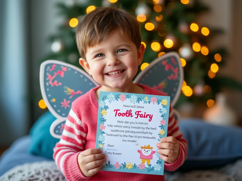 Smiling boy with special needs holding a personalized tooth fairy letter