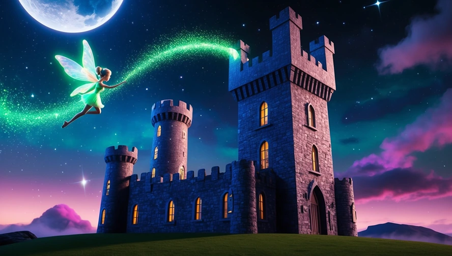 Magical Irish castle at night with tooth fairy trailing green sparkles, representing traditional Celtic tooth fairy customs
