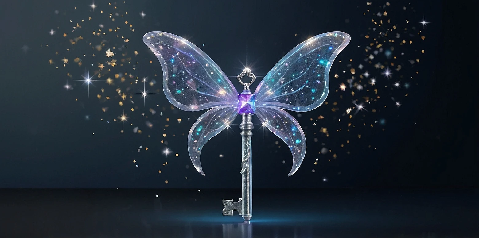 A magical key with delicate butterfly wings and sparkling fairy dust, symbolizing the entrance to a fairy-tale world.