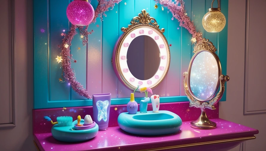 Enchanted tooth fairy-themed bathroom setup with dental care essentials for children