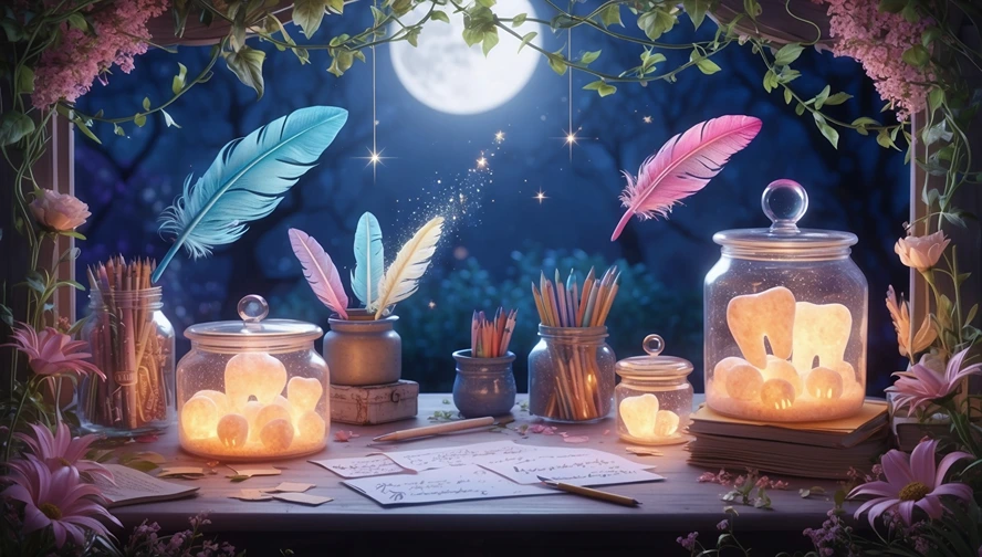 Enchanted tooth fairy workspace at night with glowing tooth jars and magical writing feathers - inspiration from Tooth Fairy Letter Bot's personalization guide