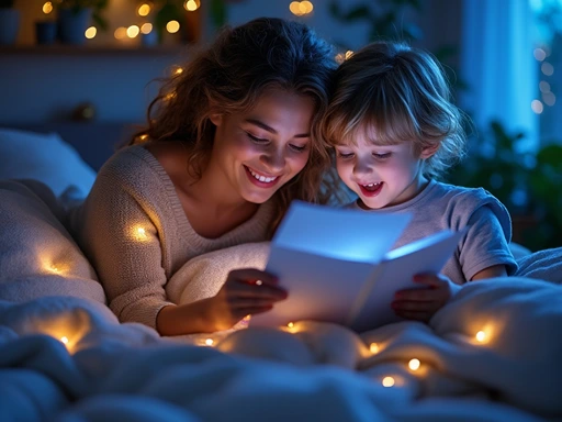 Mother and child reading personalized tooth fairy letter together, creating special memories with magical lighting