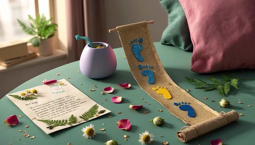 Eco-friendly Tooth Fairy letter with pressed ferns and natural glitter footprints on recycled paper