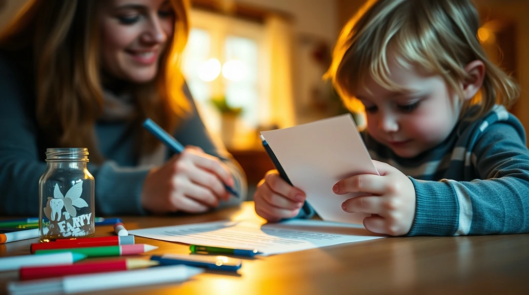 A warm moment between a parent and child as they write a Tooth Fairy letter together, surrounded by craft supplies and a cozy atmosphere.