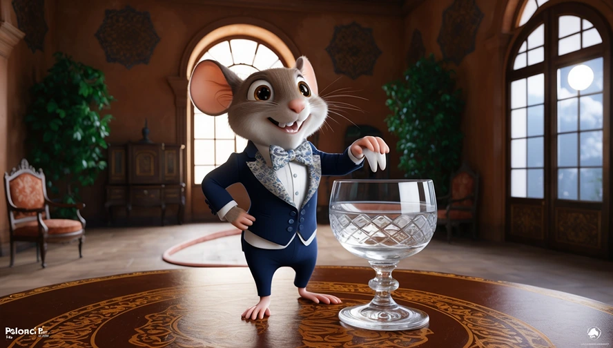 Ratoncito Pérez, Spain's tooth collecting mouse, in formal attire preparing to collect a tooth from traditional water glass