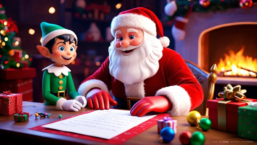 Santa Claus sitting next to a magical character, reviewing a personalized letter in a festive setting, showcasing the magic of The Magic Letter Box.