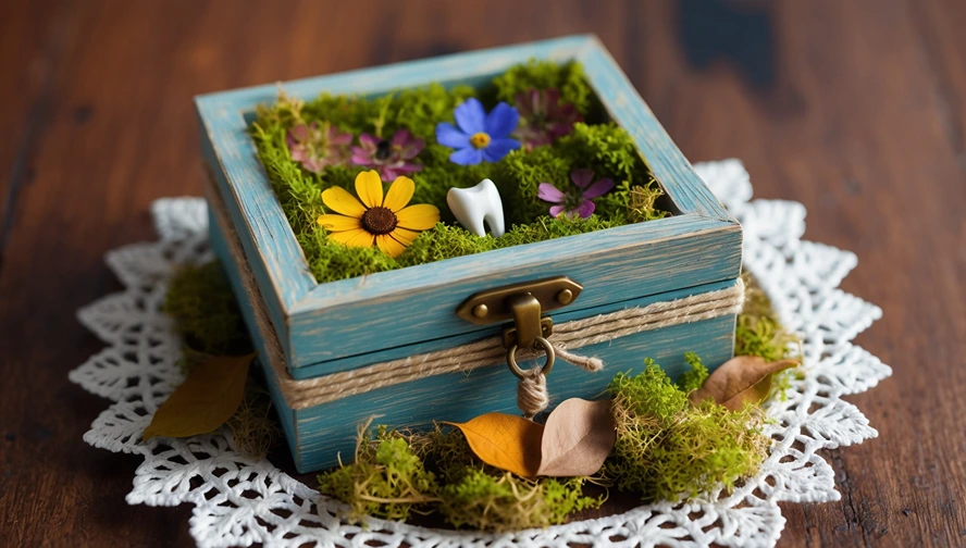 Handcrafted eco-friendly tooth fairy box with moss, wildflowers, and natural twine on vintage doily