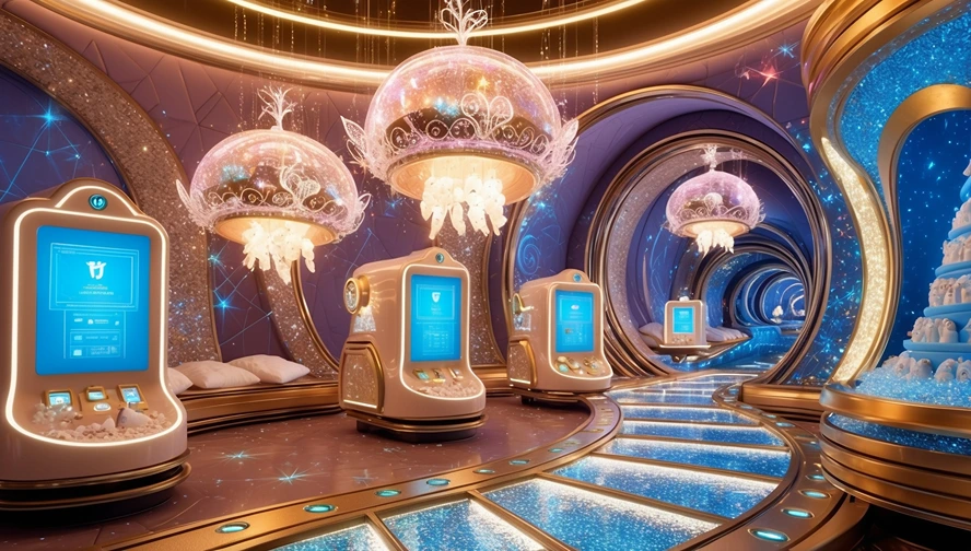 Futuristic tooth fairy letter generation stations with magical interfaces and personalization screens