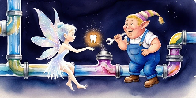 A charming watercolor illustration showing a tooth fairy and a plumbing elf working together to rescue a tooth from a colorful pipe system, with the fairy holding the glowing tooth.