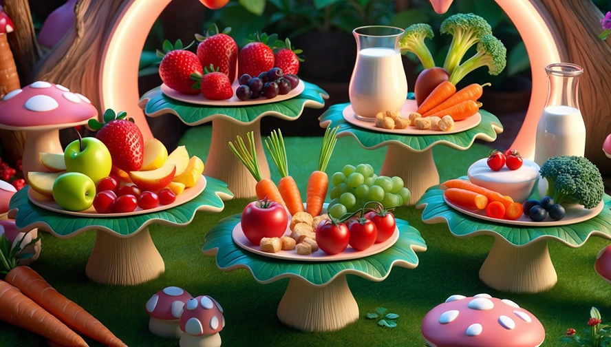 Collection of tooth-friendly foods and dental care items with magical Tooth Fairy decorations