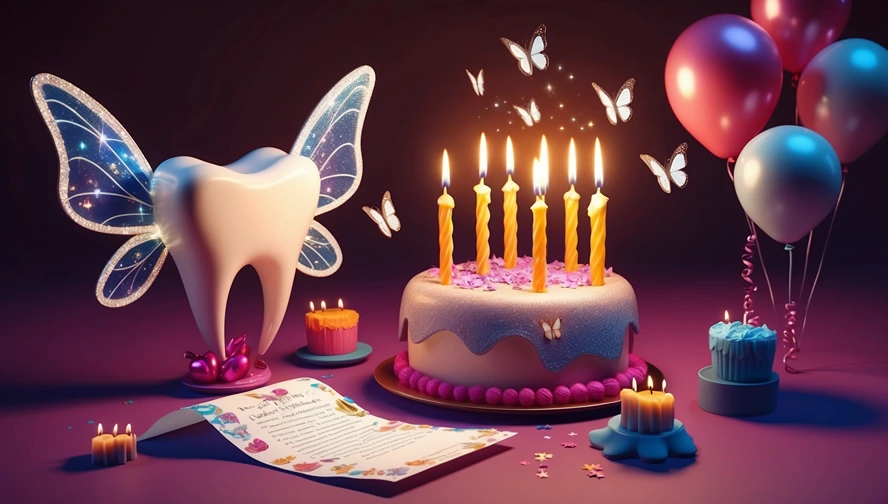 Enchanting tooth fairy birthday scene with winged tooth, magical letter, birthday cake, and floating butterflies