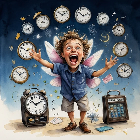 A frantic tooth fairy surrounded by alarm clocks and calendar pages, illustrating why she might occasionally miss a visit