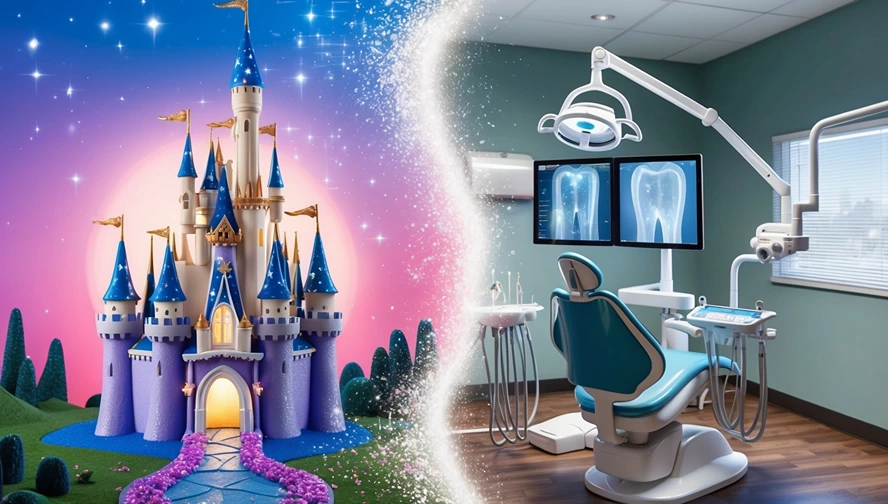 Split image showing magical tooth fairy castle and modern dental office, representing educational tooth fairy letters
