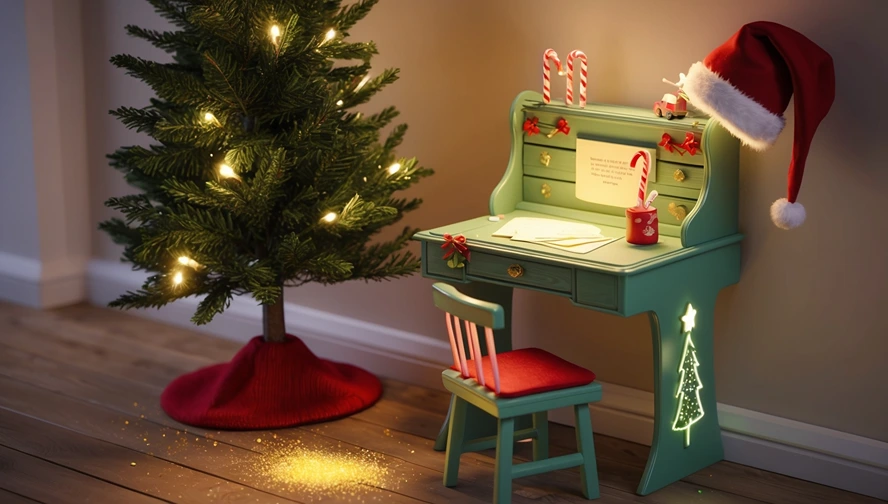 Magical green tooth fairy desk decorated for Christmas with candy canes, Santa hat, and sparkling fairy dust