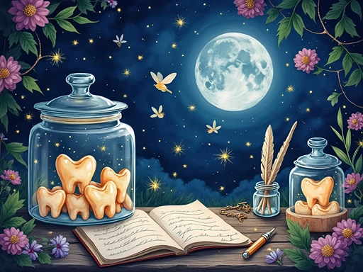 Tooth Fairy's moonlit workspace with collected teeth in glass jars and personalized letter journal - inspired by Tooth Fairy Letter Bot's magical approach