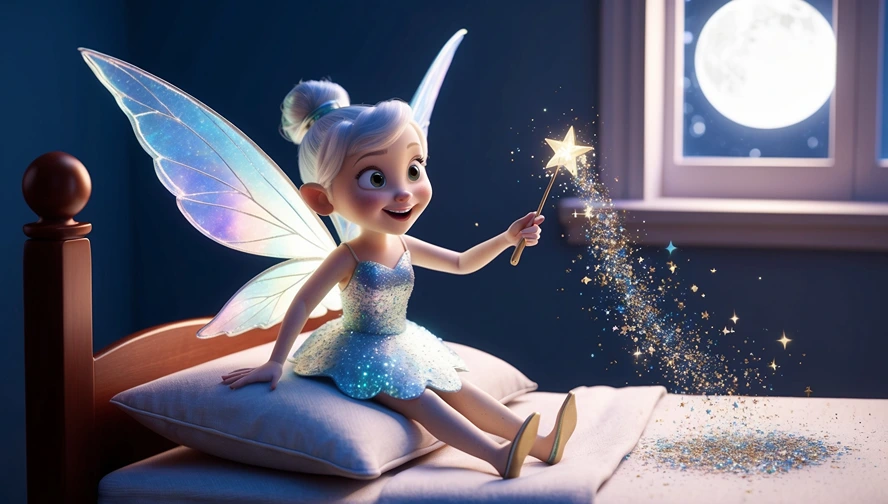 Tooth fairy sitting on pillow in moonlit bedroom, creating sparkly fairy dust evidence with golden star wand