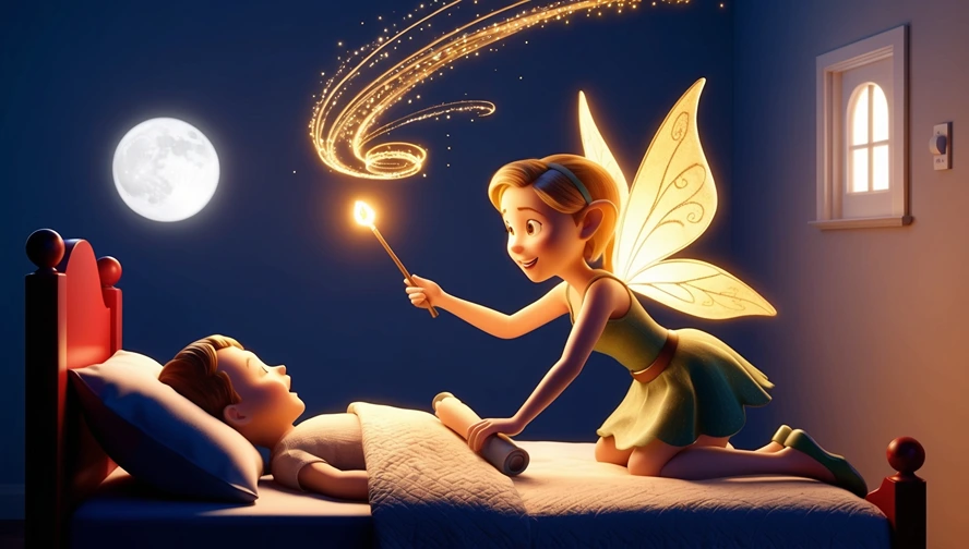 Tooth fairy using her magic wand to deliver a customized tooth fairy letter while a child sleeps peacefully at night