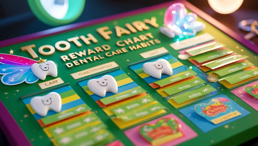Interactive dental achievement chart with Tooth Fairy rewards and milestone tracking