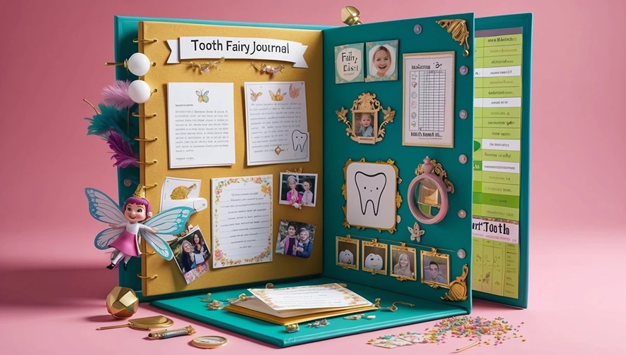Personalized tooth fairy journal displaying letters, photos, and milestone tracking in turquoise and gold design