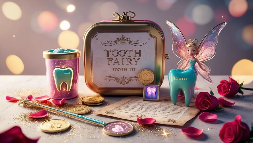Professional tooth fairy kit featuring personalized letter, magical coins, tooth container, and fairy wand with rose petals