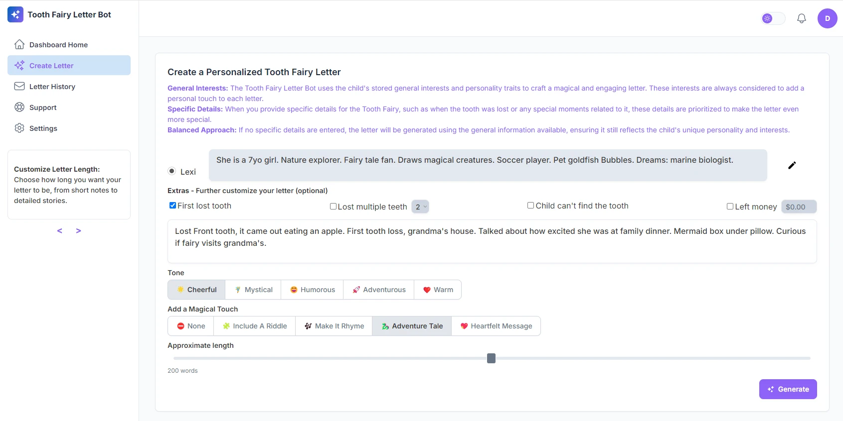Magical letter creation interface showing options for creating personalized childhood character letters