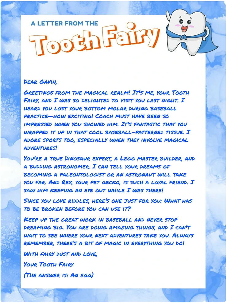Letter from the Tooth Fairy addressed to Gavin, featuring a friendly tooth character and playful message on blue-themed stationery.