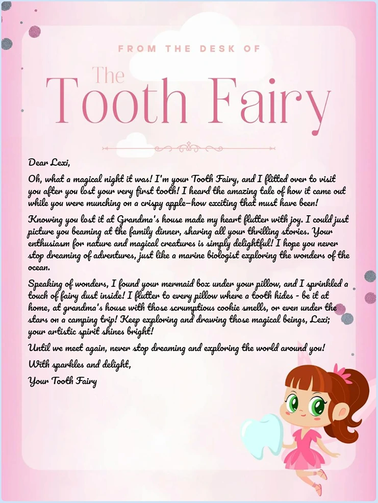 A letter from the Tooth Fairy addressed to a child named Lexi, with a playful and magical note written on pink-themed stationery.