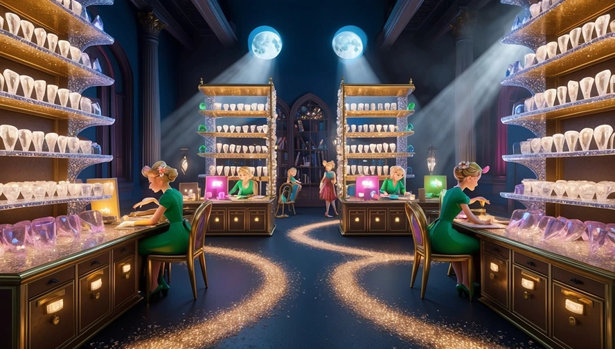 Magical tooth fairy archive room with organized tooth collections and letter-writing stations for different ages