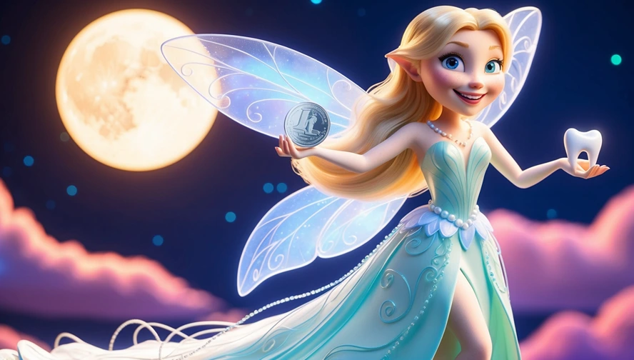 Tooth fairy in blue dress holding coin and tooth, representing modern tooth fairy letter and payment customs in Western countries