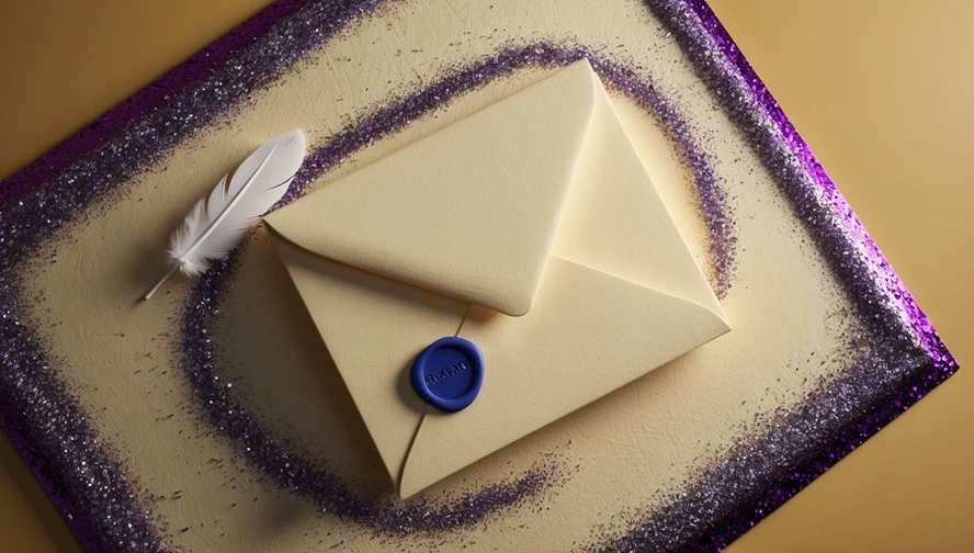 Cream colored tooth fairy envelope with white feather and blue wax seal on sparkly purple background