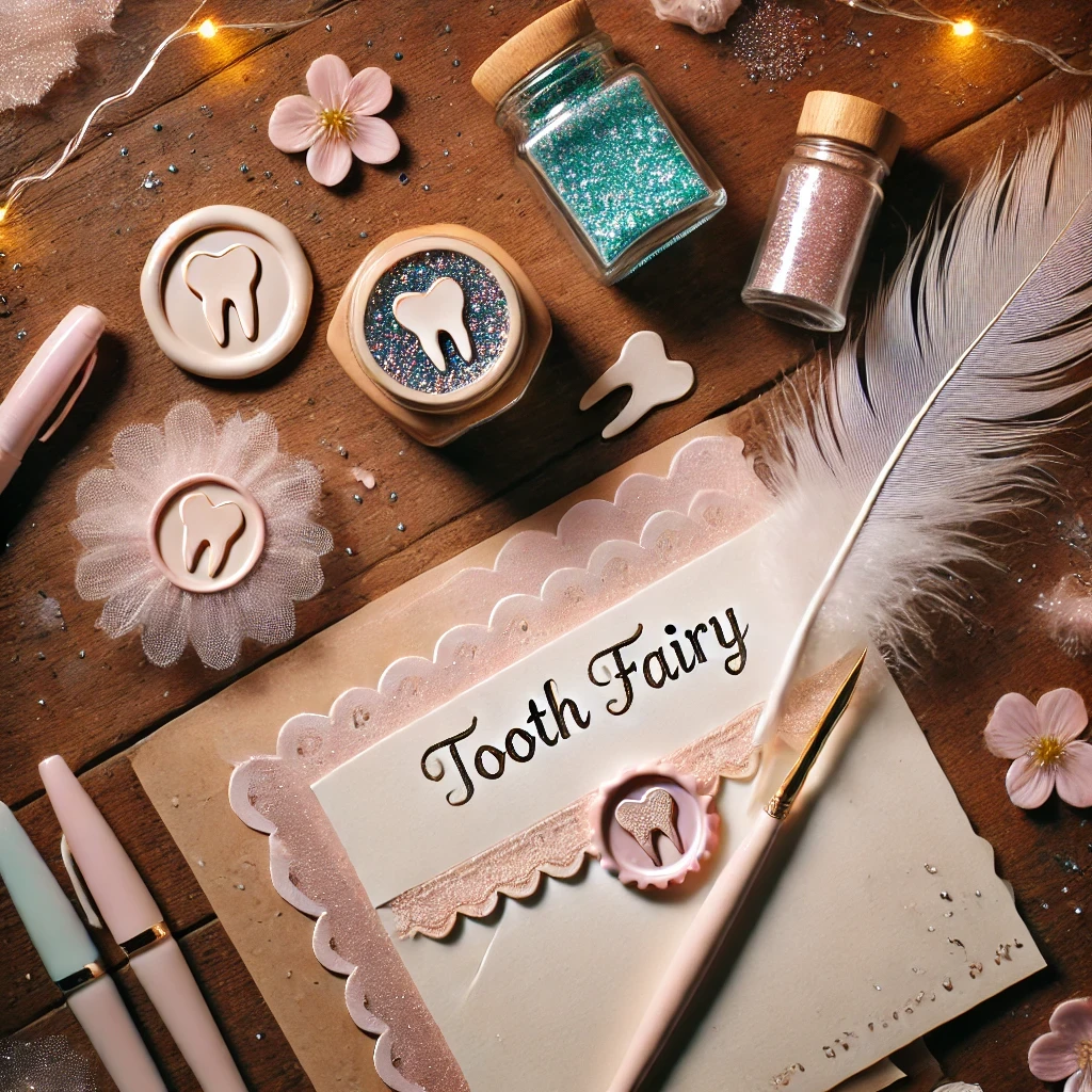 Overhead view of Tooth Fairy letter supplies including pearlescent paper, glitter gel pens, 'Fairy Dust' jars, white feather quill, and wax seal stamp with a tooth design, arranged on a wooden desk with fairy lights and flower petals.